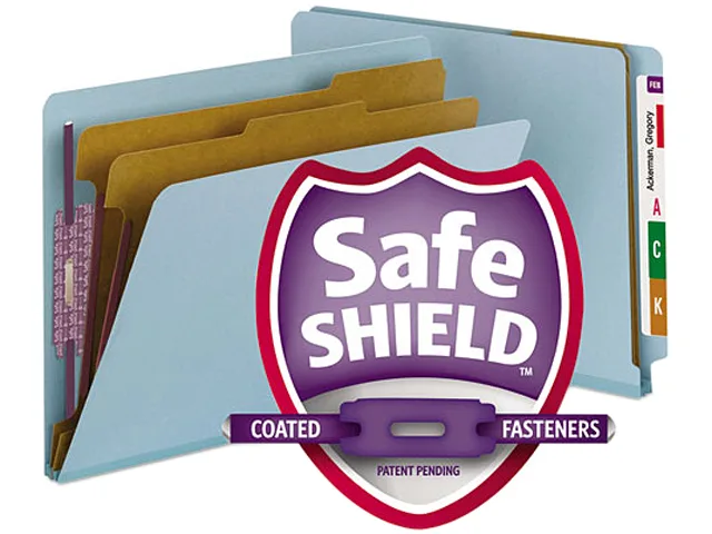 Blue pressboard classification folder with six sections and metal fasteners, box of ten