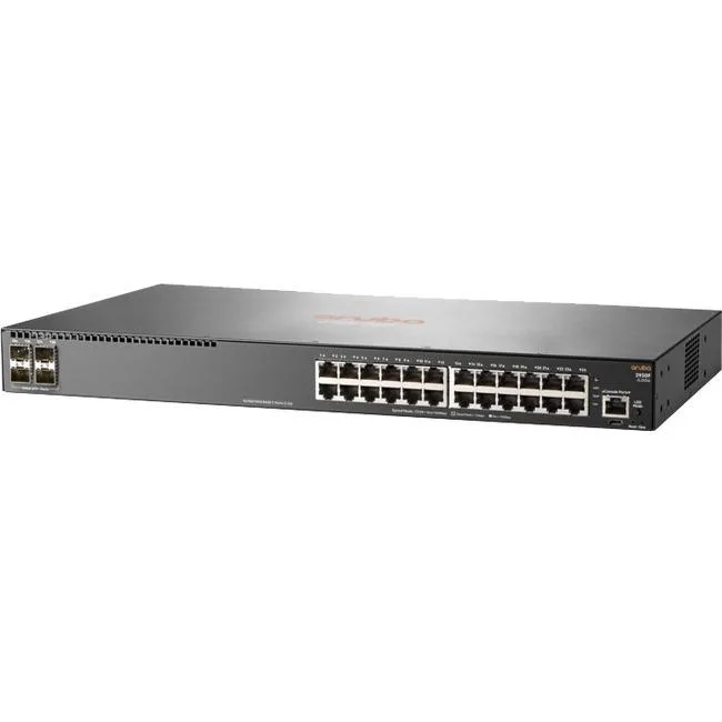 A silver rack-mount network switch with 24 copper ports and four SFP+ uplinks