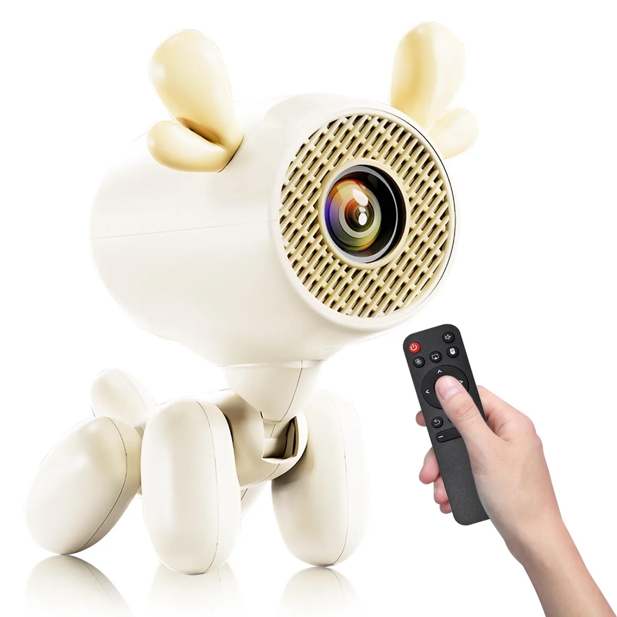 Yellow cartoon-dog shaped portable projector with built-in lens and speaker grille