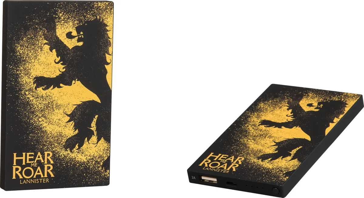 A rectangular power bank with a gold Lannister lion emblem on a red textured surface