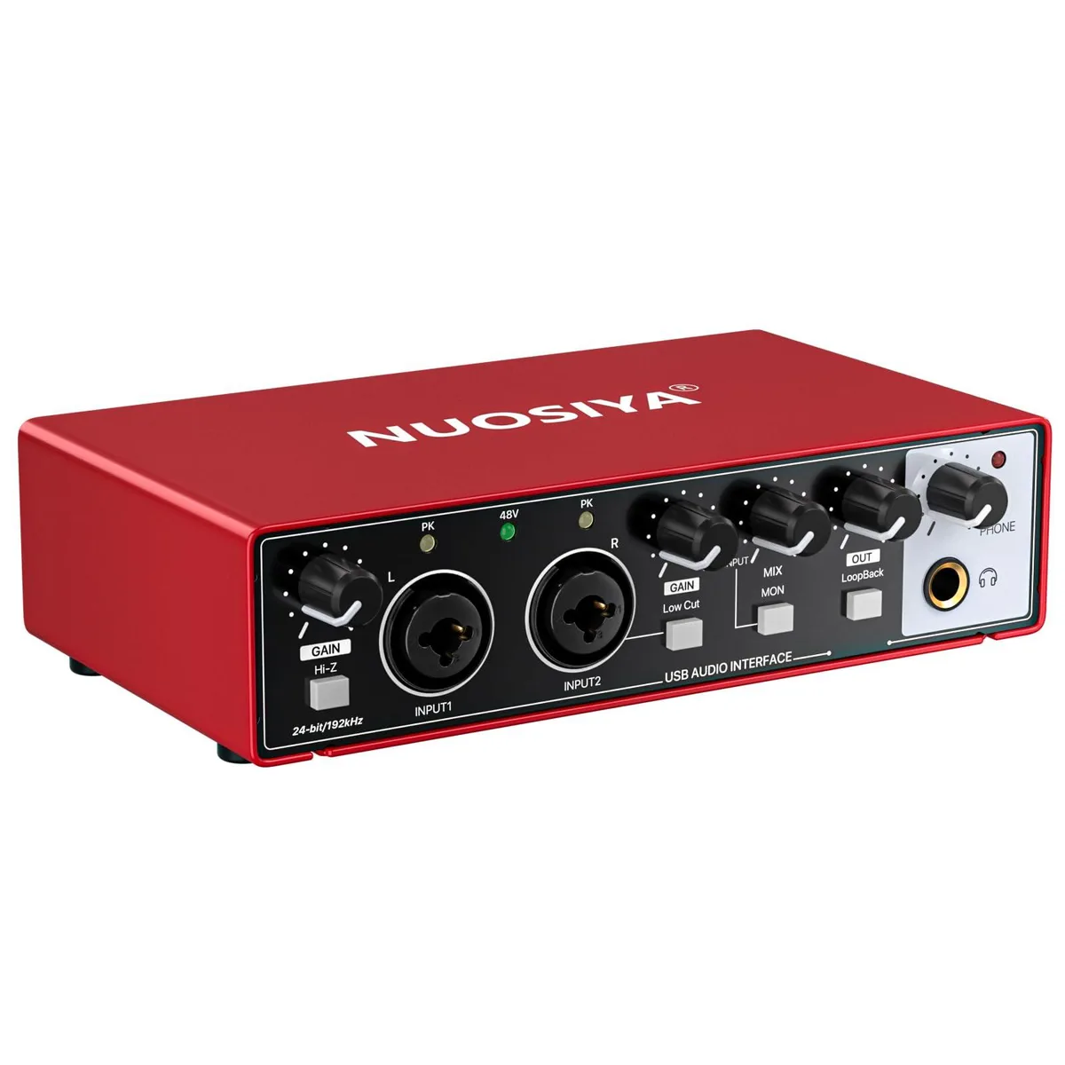 Red rectangular USB audio interface with XLR combo inputs, TRS outputs, headphone jack and phantom power indicator