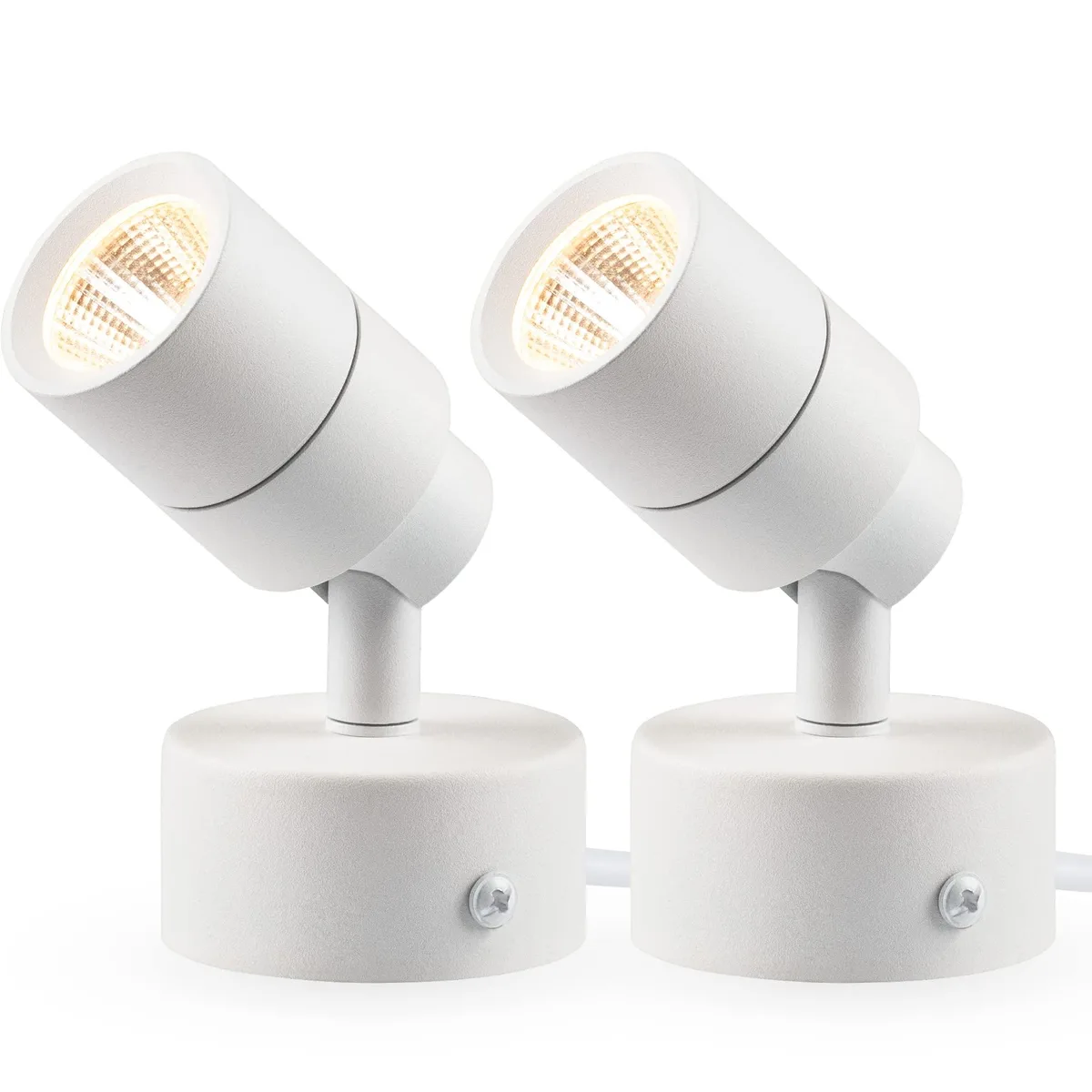 Two white aluminium spotlights with clear prismatic lenses, each on a 5.9 ft cord with foot switch