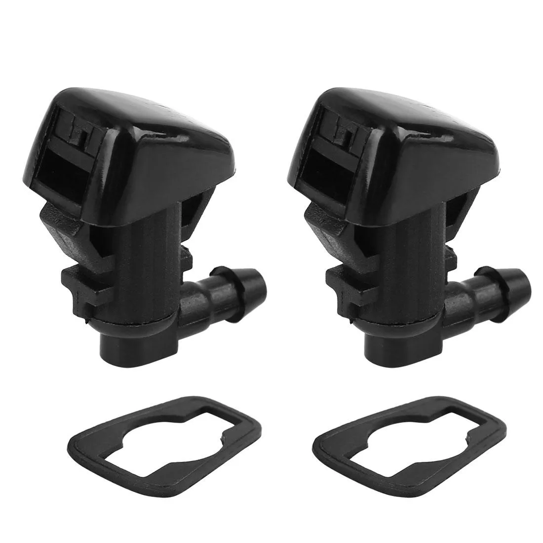 Two black plastic windshield washer nozzles with gaskets, rectangular shape, 3.4 by 3 by 1.6 cm