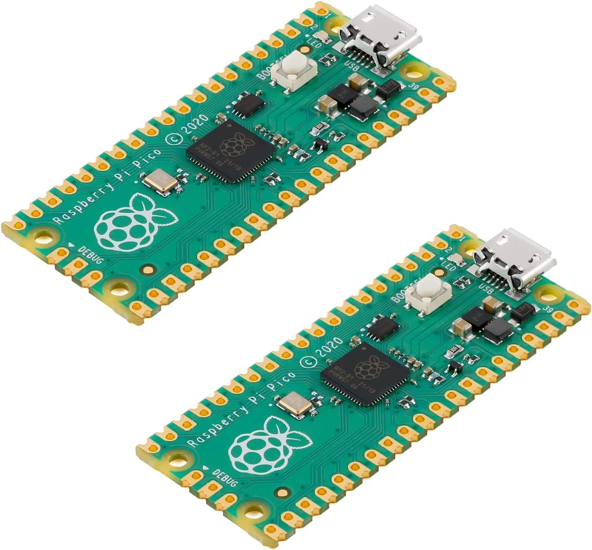 Two green Raspberry Pi Pico RP2040 boards side by side