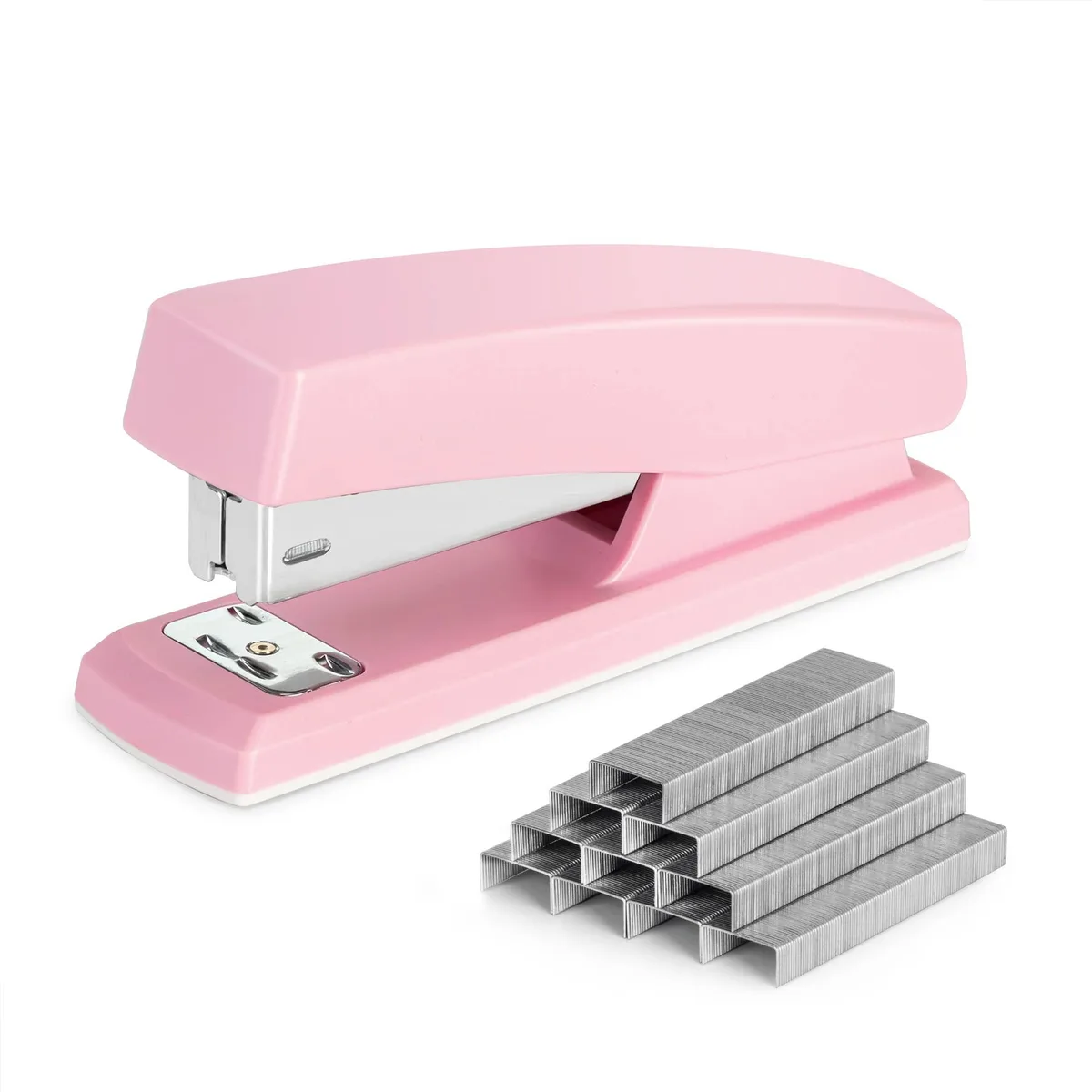 Pink desktop stapler with rubber base and 640 staples included