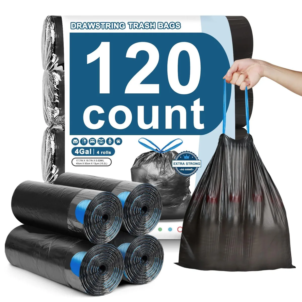  JUKFITA 120 Count 4 Gallon Drawstring Trash Bags Black 15L — product photo