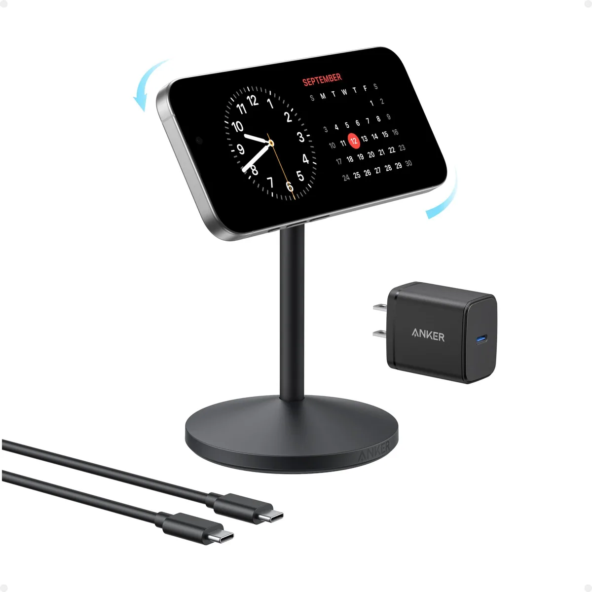 White Anker MagGo Qi2 wireless charger stand with adjustable 360-degree rotating head