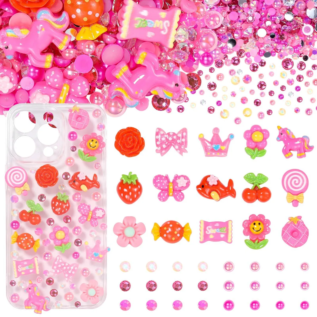 Evening Crystals 630 Pcs Pink Red Junk Case Charms Kit with 600 Rhinestones Pearls 30 3D Charms — product photo
