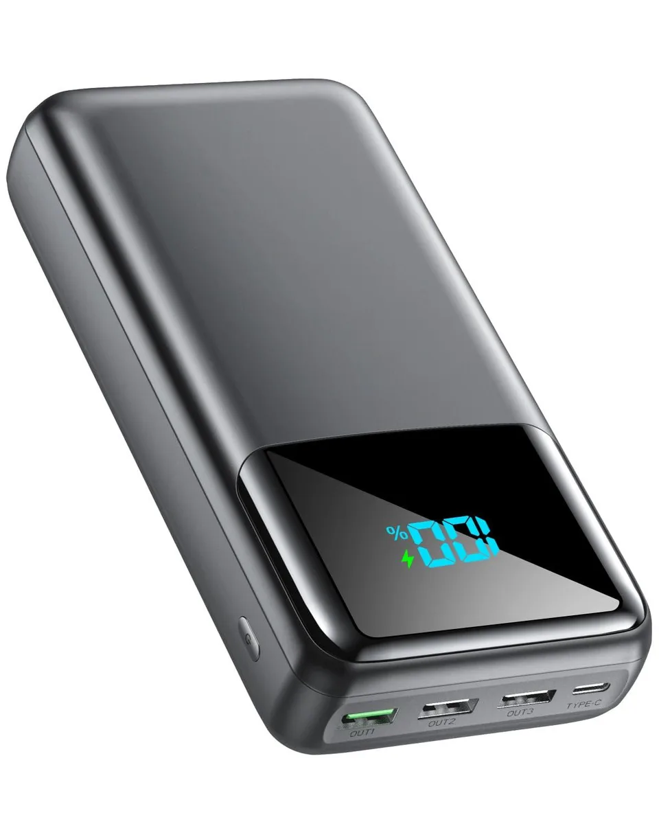 Gray rectangular power bank with LED display and multiple ports