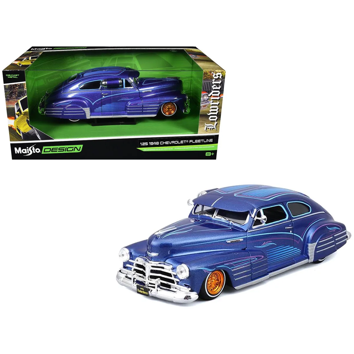 Maisto Maisto 1948 Chevrolet Fleetline Lowrider Blue Metallic with Graphics 1/25 Diecast Car — product photo