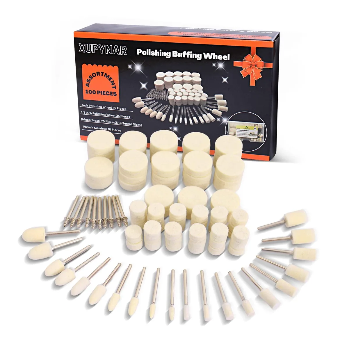 100-piece polishing buffing wheel kit with 1/8 inch shank and assorted shapes