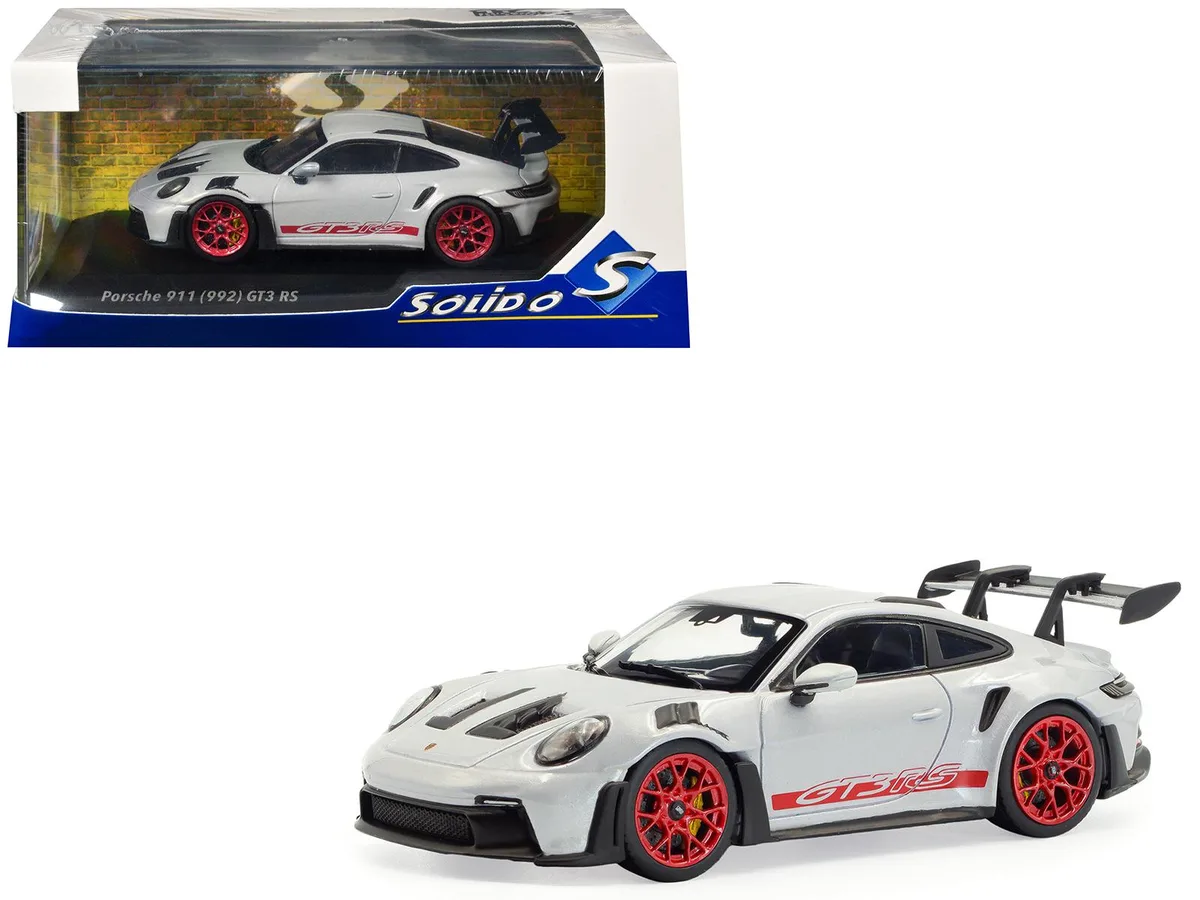 Solido Solido 2023 Porsche 911 (992) GT3 RS Ice Gray Metallic Pyro Red Stripes 1/43 Diecast hobby collectible — product photo