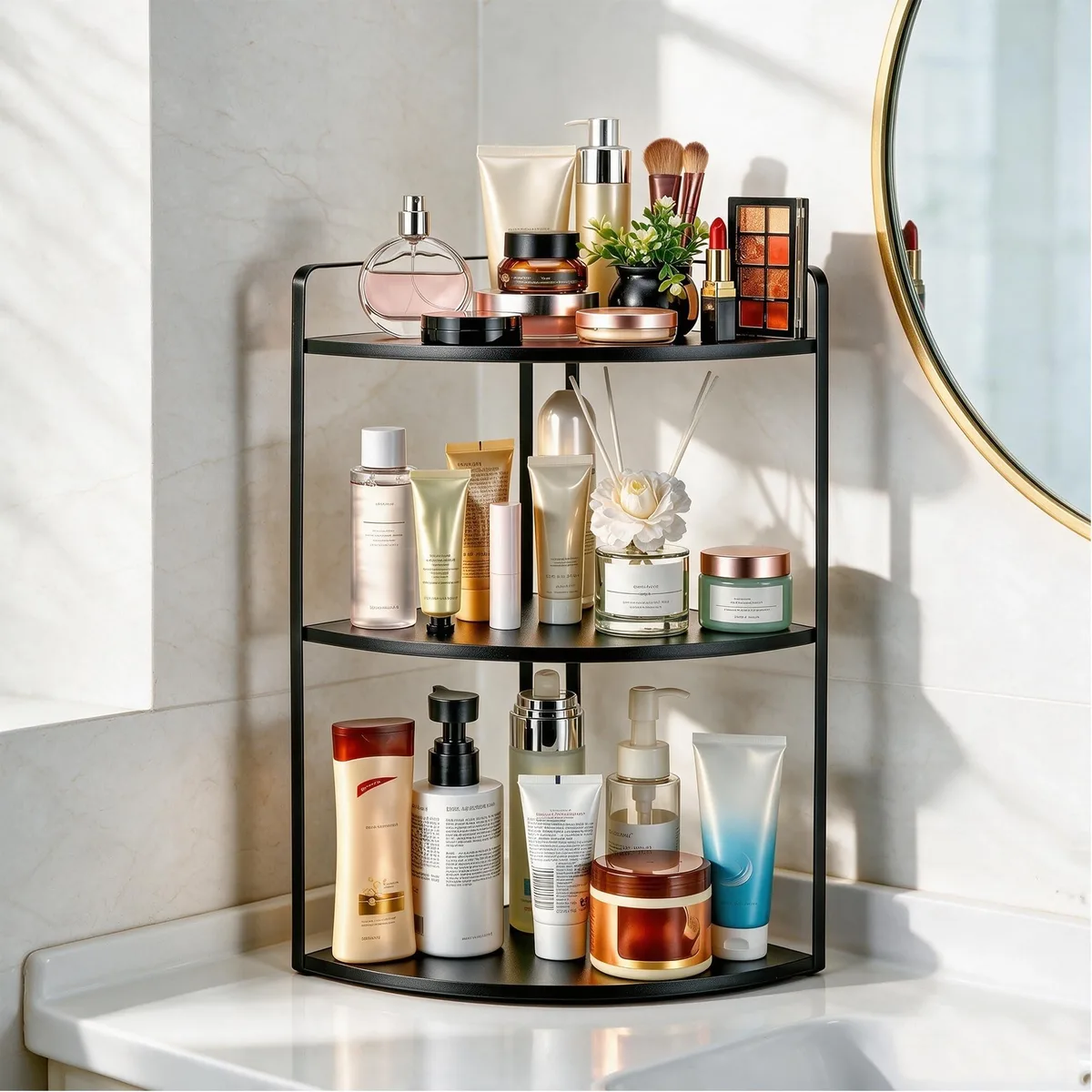 Black three-tier corner shelf unit with textured iron frame and wood shelves, 11.2 by 7.8 by 16.4 inches