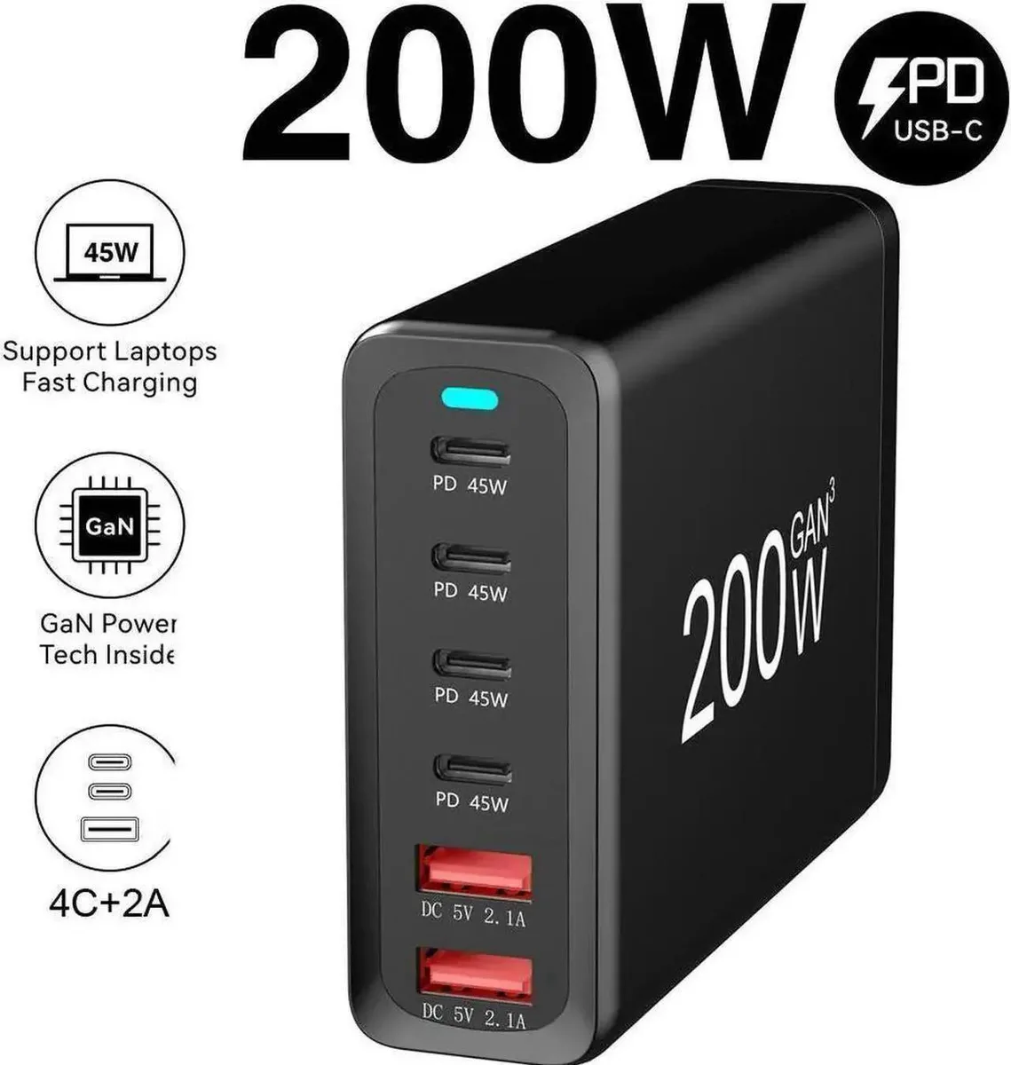 Vszerda Vszerda GaN 200W 6-Port USB-C USB-A Charger QC3.0 PD3.0 — product photo