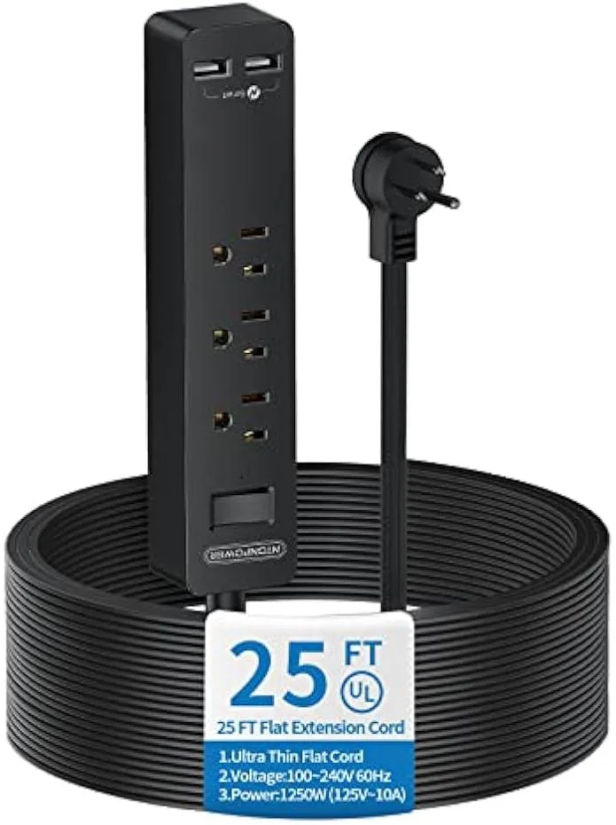 Black flat extension cord with low-profile plug, three AC outlets and two USB ports on a wall-mountable strip