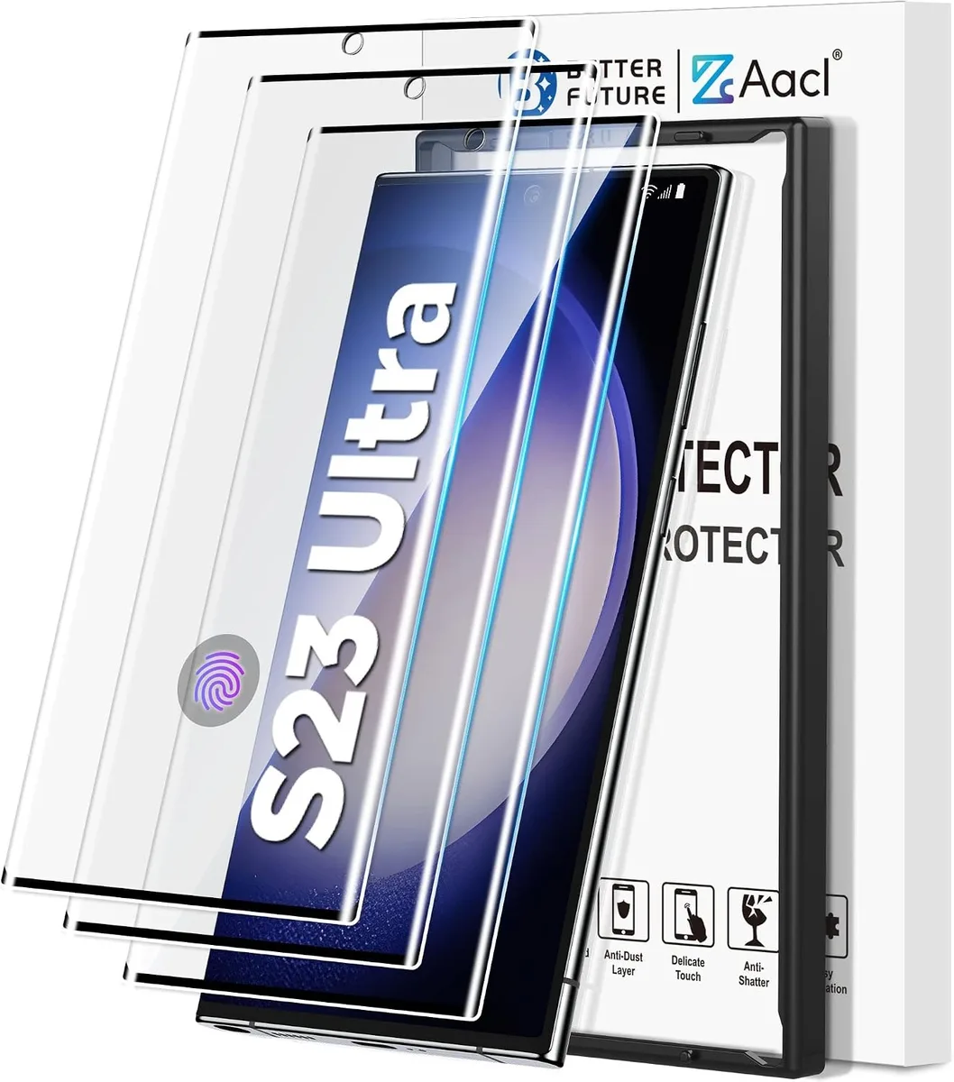 Three clear tempered glass screen protectors with installation frame for Galaxy S23 Ultra