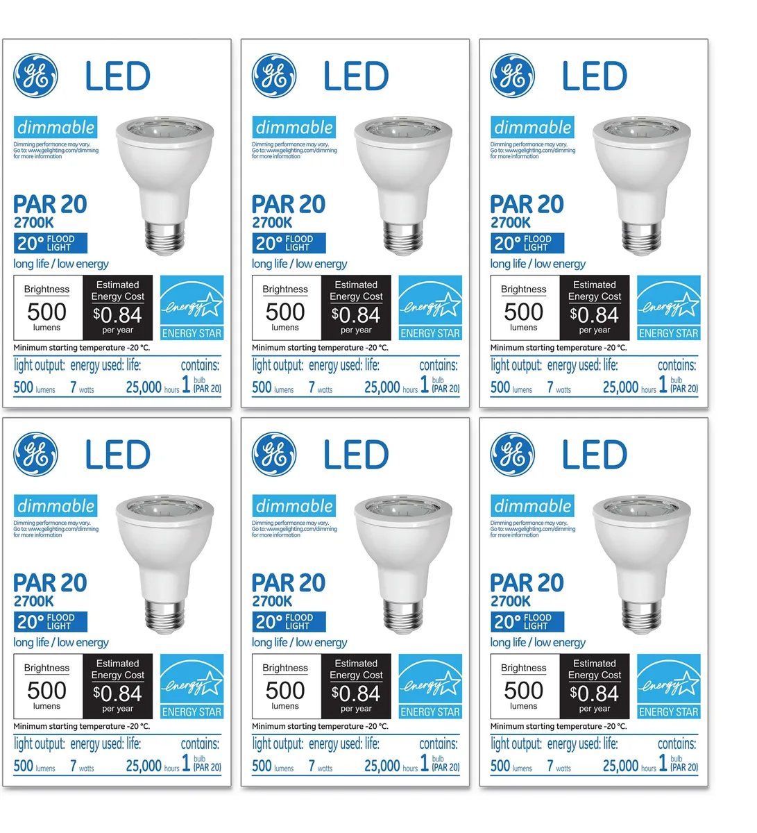 GE Lighting GE Lighting LED PAR20 7W 500lm 2700K 20° Dimmable 6-pack — product photo