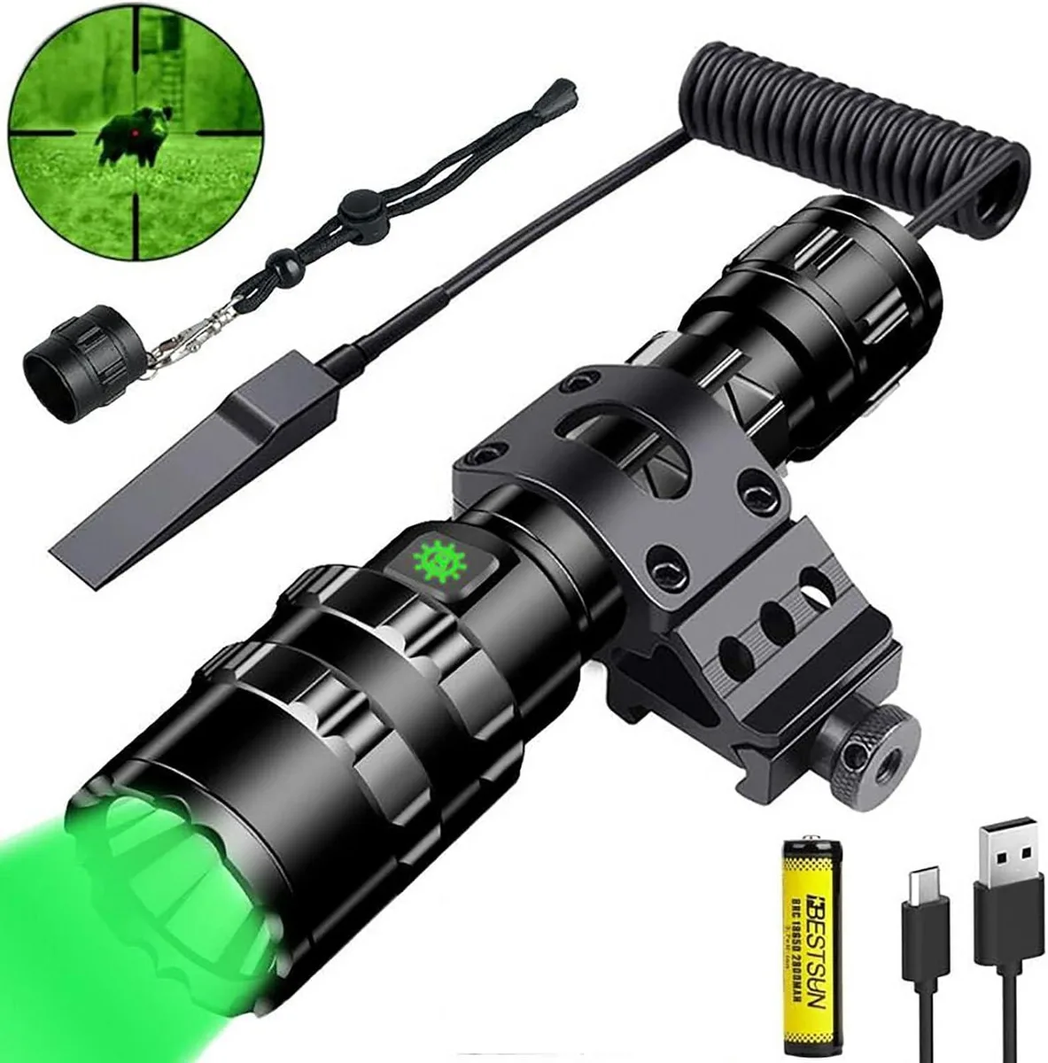 Green tactical flashlight with pressure switch and Picatinny mount