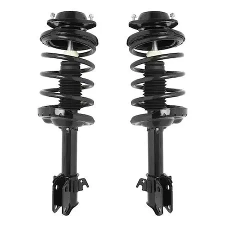 Pair of silver front strut assemblies with coiled springs and top mounts