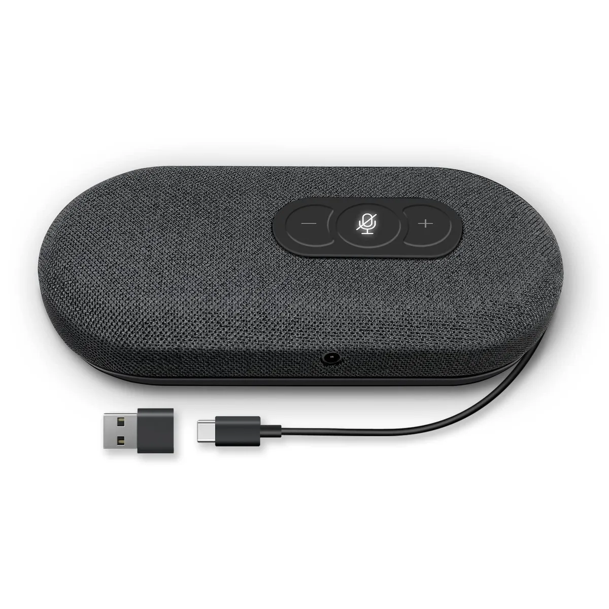 Compact grey disc-shaped USB speakerphone with flat top, recessed centre and subtle perimeter ring, freestanding on desk