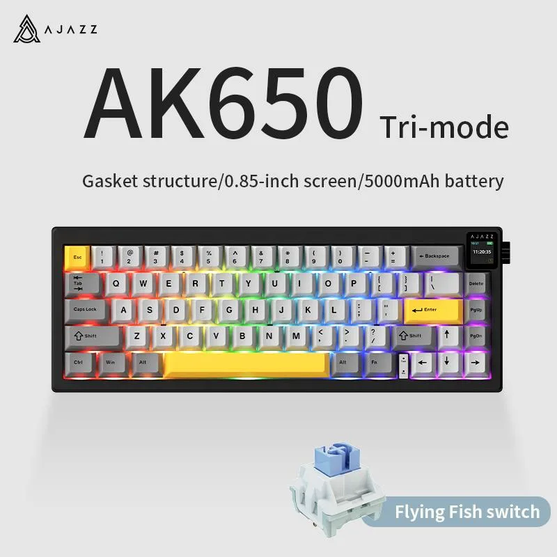 Ajazz Ajazz AK650 gaming keyboard 65 keys .85 screen tri-mode 5000mAh black grey yellow — product photo