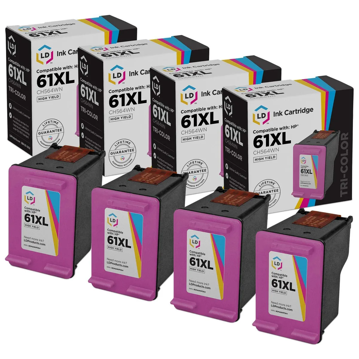 LD Products LD Products HP 61XL CH564WN High Yield Tri-Color Ink Cartridge 4-Pack — product photo