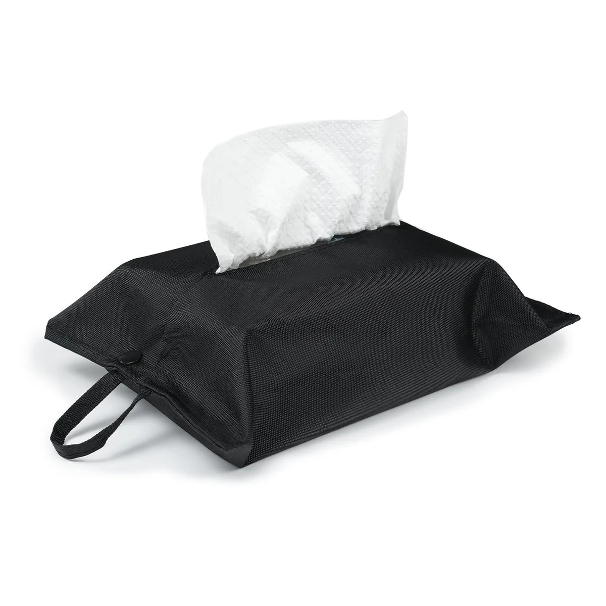 Black fabric toilet paper holder with hanging strap, 11.81 by 7.28 inches