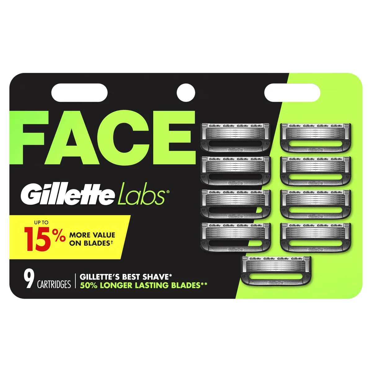 Nine black five-blade razor refill cartridges with trimmer and exfoliating bar
