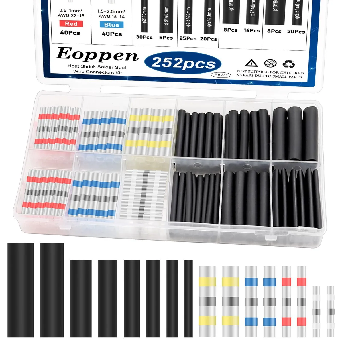 Clear plastic case holding 252 assorted heat-shrink solder connectors and black tubing pieces