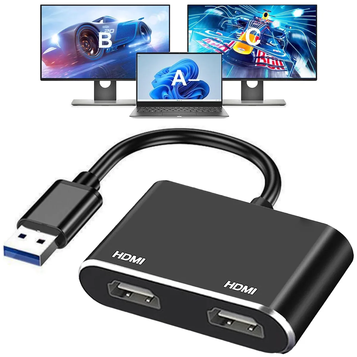 Black USB 3.0 dongle with two HDMI ports, 1.3 ounces