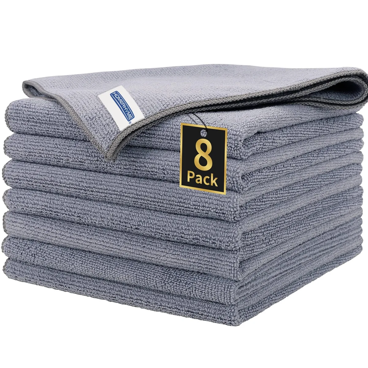 Eight square grey microfiber cloths folded in a stack
