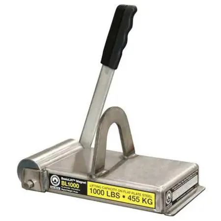 Red rectangular lifting magnet with pry-off handle and bail, 1000 lb flat capacity
