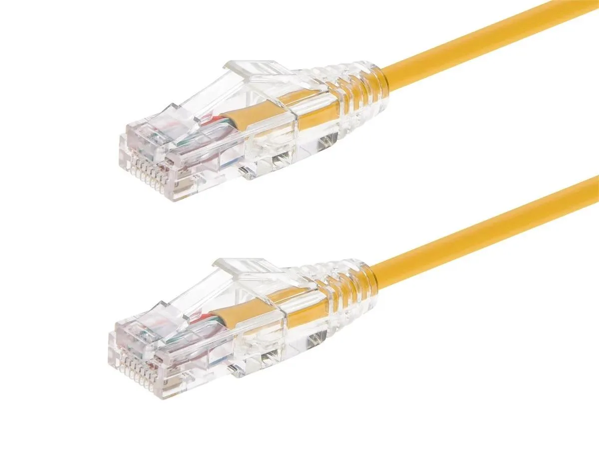 Yellow Cat6 slim patch cable two feet long with snagless RJ45 connectors