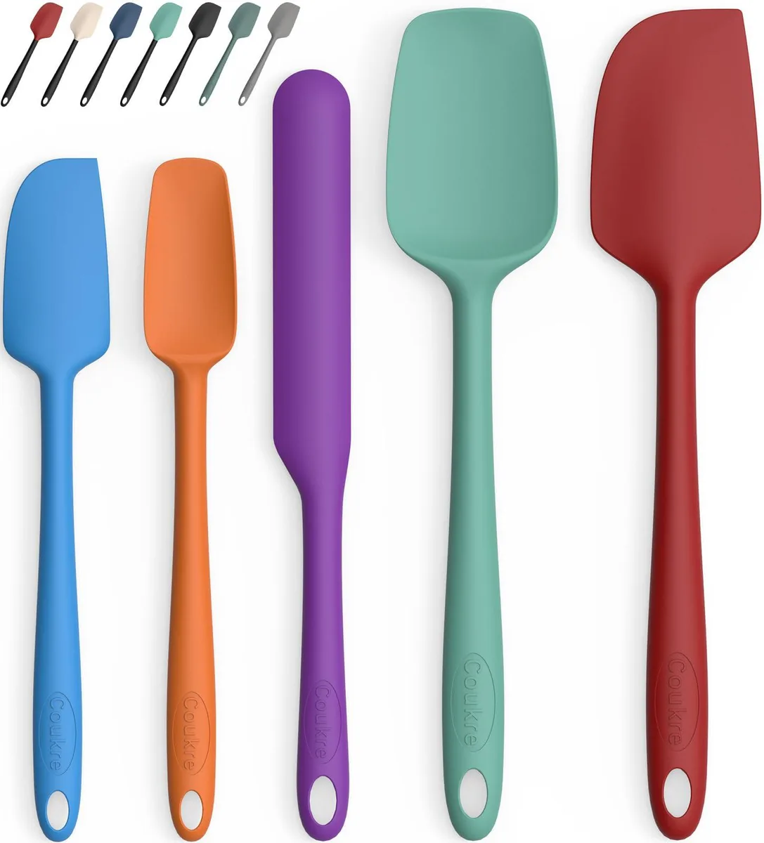 Five colourful silicone spatulas with hanging holes, varying lengths and widths
