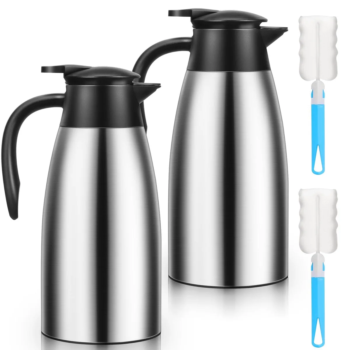 Two silver 68 oz stainless steel thermal carafes with handles and cleaning brushes