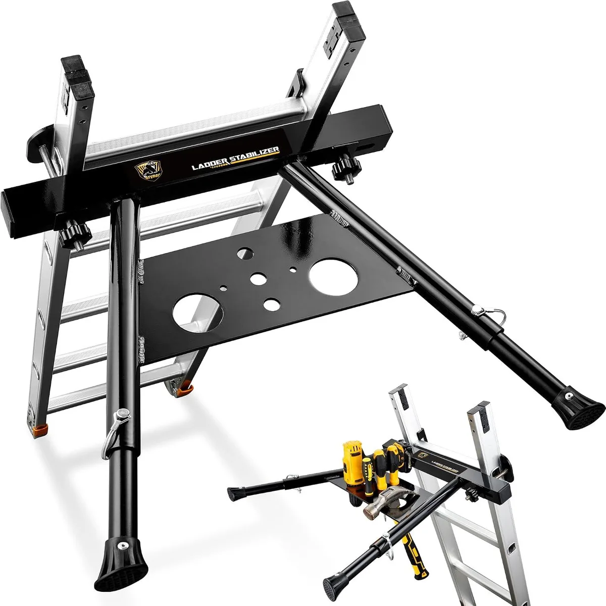Silver aluminium ladder stabilizer with two adjustable arms and tool tray