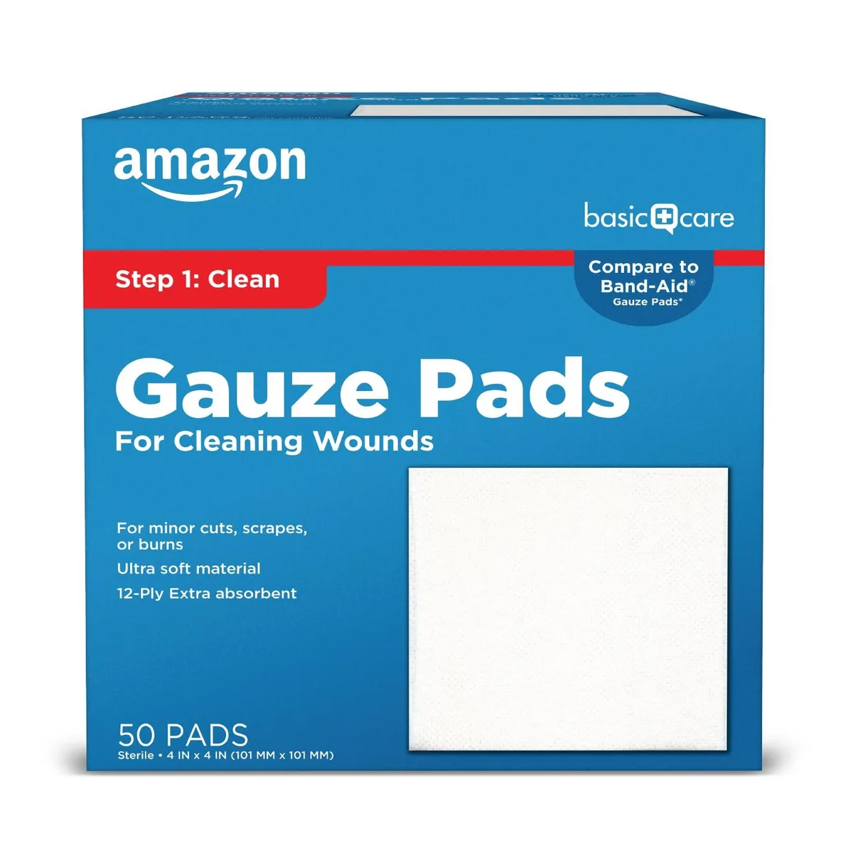 White sterile gauze pads, 12-ply, 50 count, 4 by 4 inches