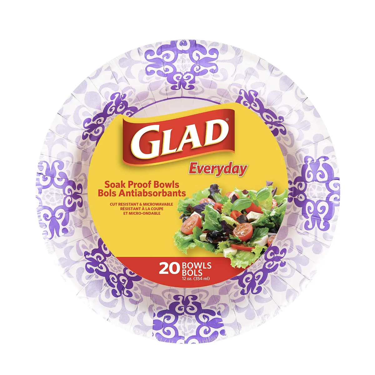 Pack of 20 round purple paper bowls with Victorian floral pattern