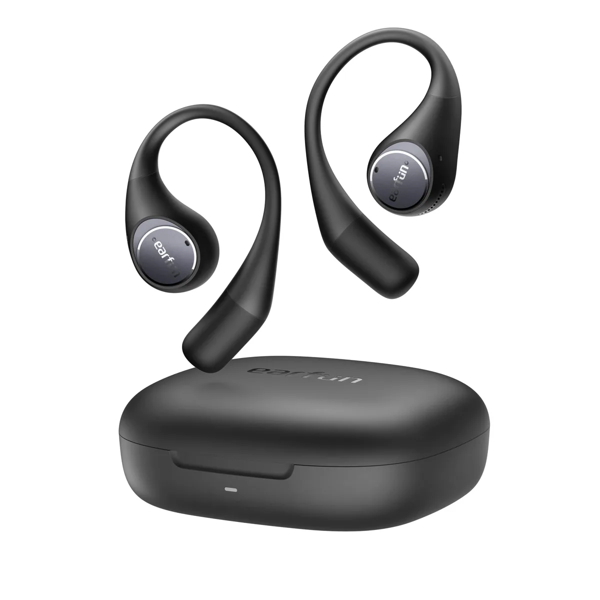 Black open-ear wireless earbuds with adjustable ear hooks and charging case
