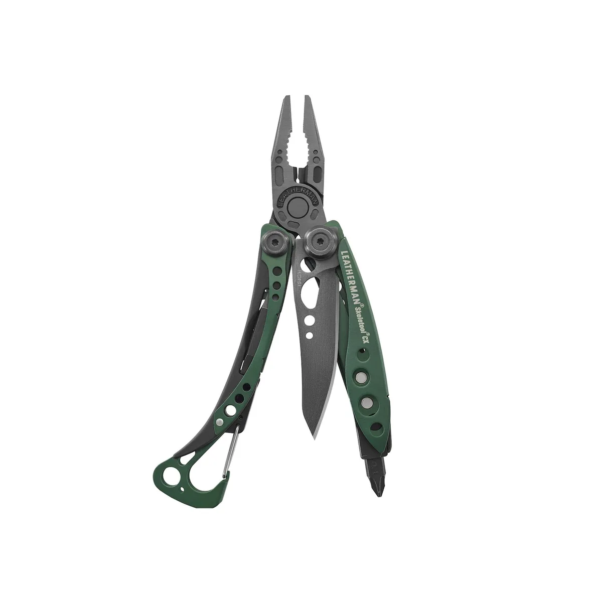 OD Green Leatherman Skeletool CX multi-tool with skeletonised stainless steel frame and pocket clip