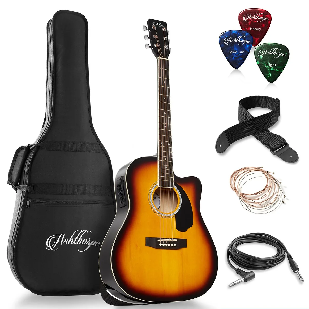 Ashthorpe Ashthorpe Full-Size Dreadnought Cutaway Acoustic-Electric Guitar Sunburst — product photo