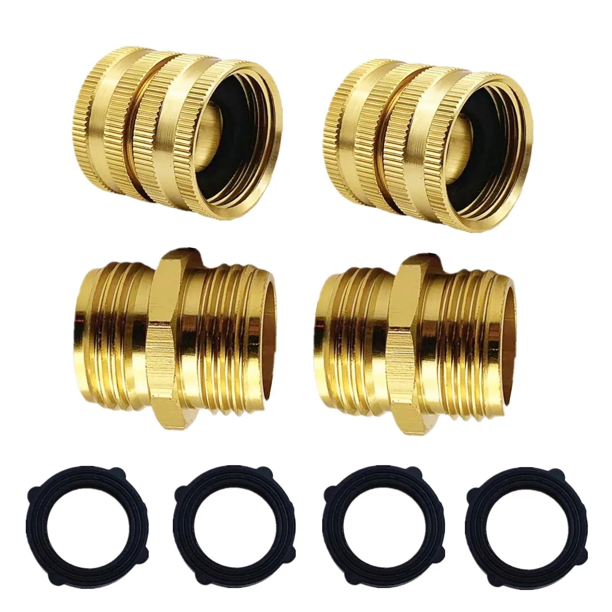 Twelve aluminum hose adapters in assorted male and female connectors with washers and tape
