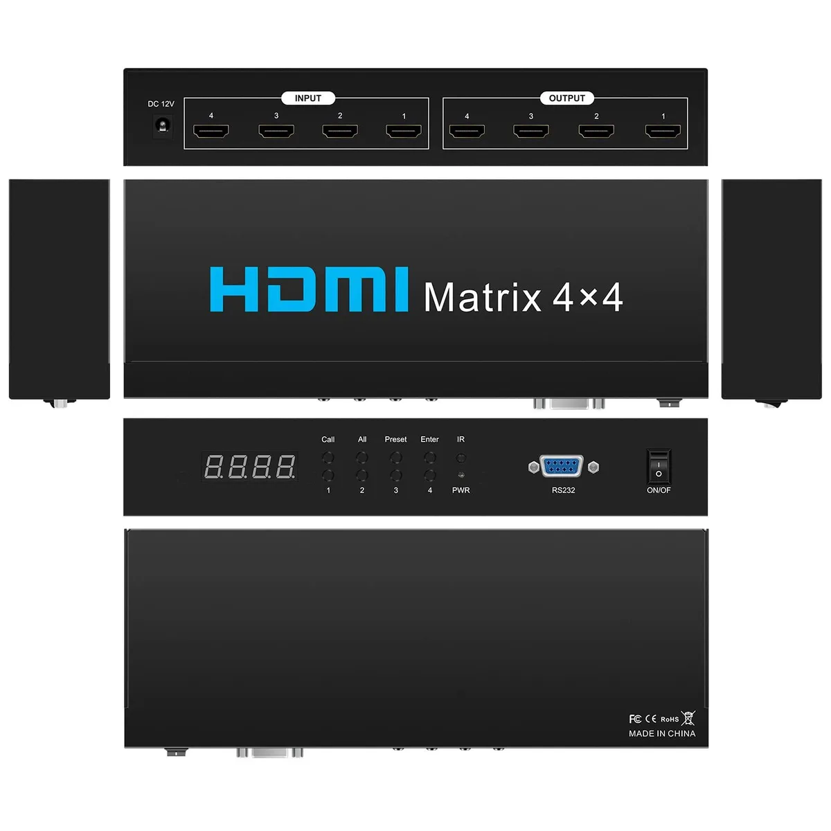Black rectangular HDMI matrix switch with front panel buttons and IR sensor