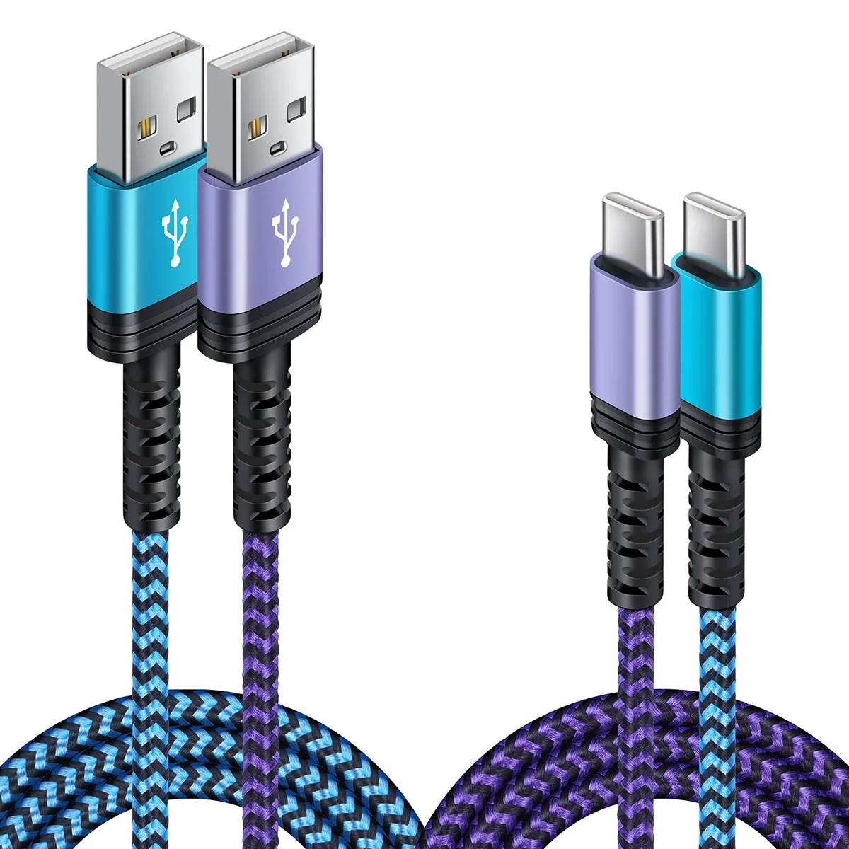 Two braided USB-A to USB-C cables, each three feet long, grey finish