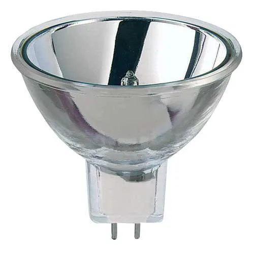 Small MR16 halogen capsule with two-pin GX5.3 base, clear glass envelope, compact reflector form factor