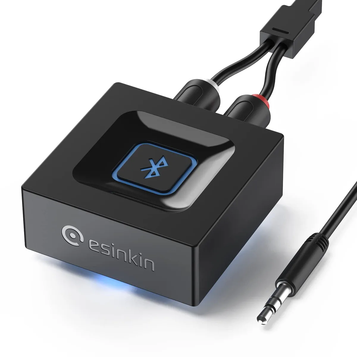 Small black square Bluetooth 4.0 receiver 1.96 in sides .9 in thick with 3.5mm RCA ports