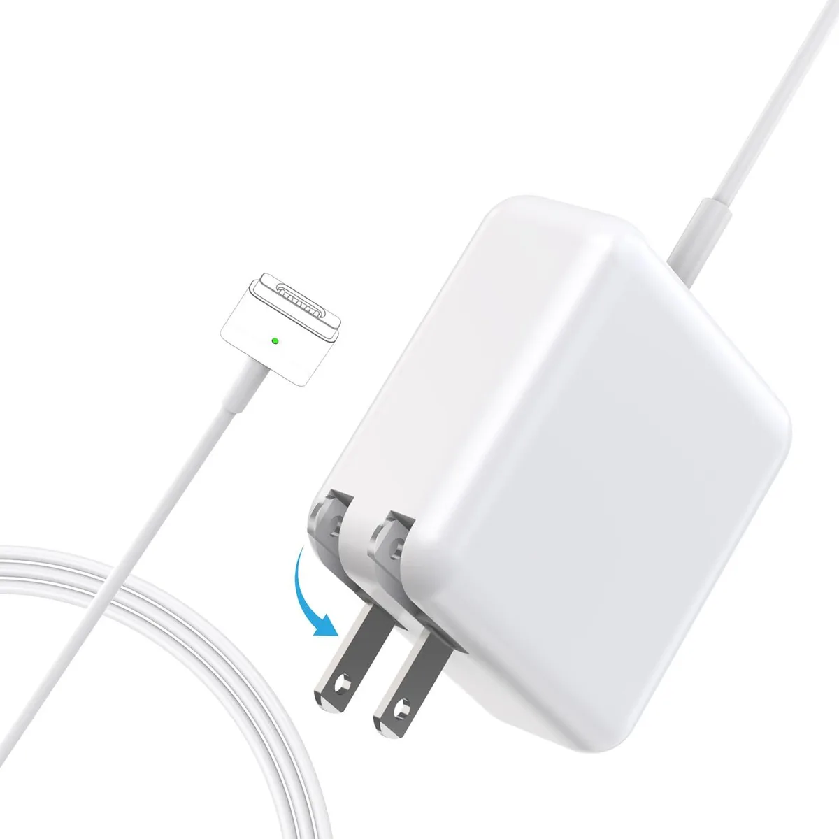 White compact cube power adapter with foldable plug and magnetic T-tip connector on six-foot cable