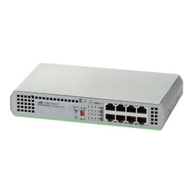 Compact silver Allied Telesis AT-GS910/8 Ethernet switch with eight ports on the front panel