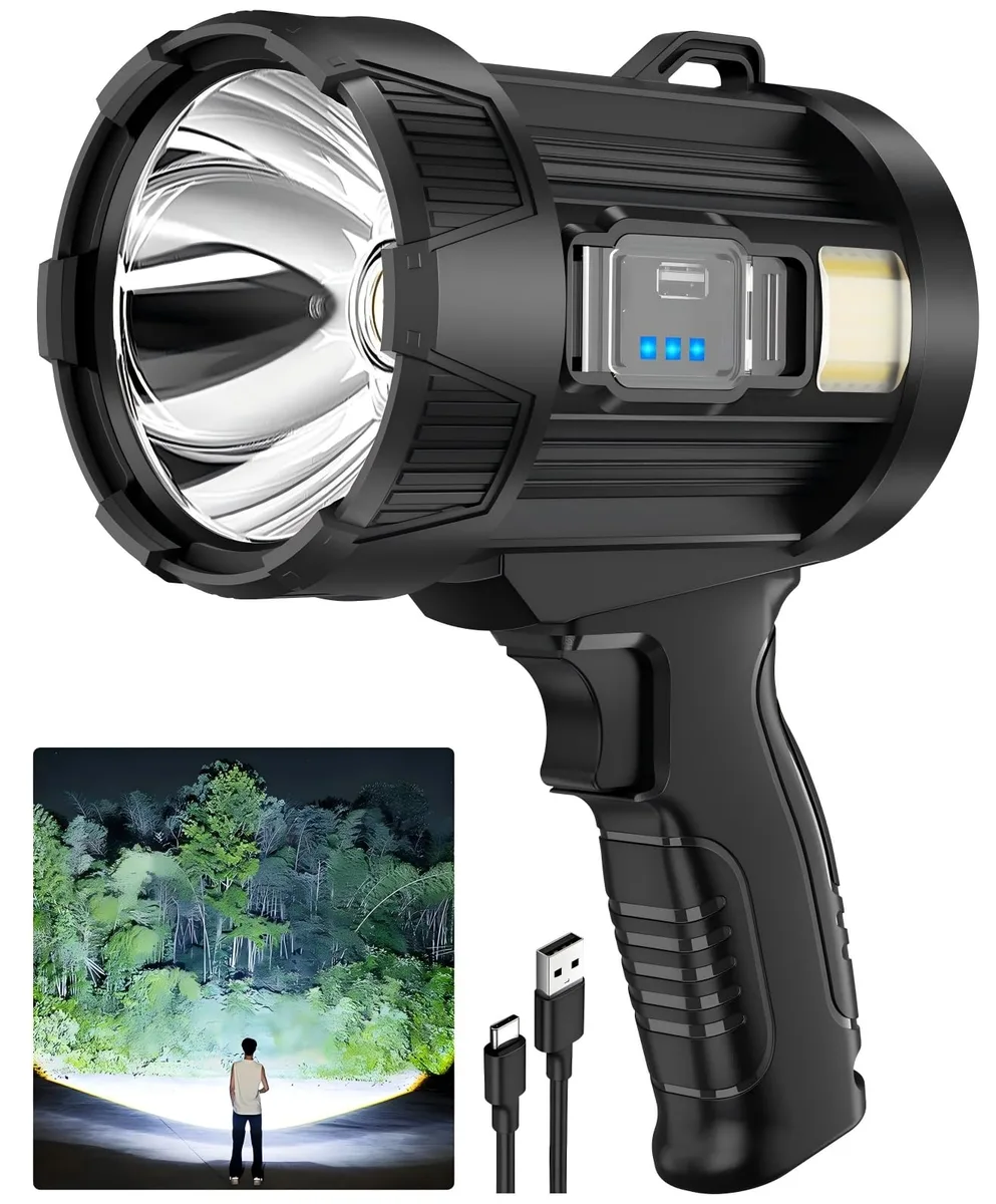 Handheld rechargeable spotlight with solar panel, COB side light, three colour filters and shoulder strap