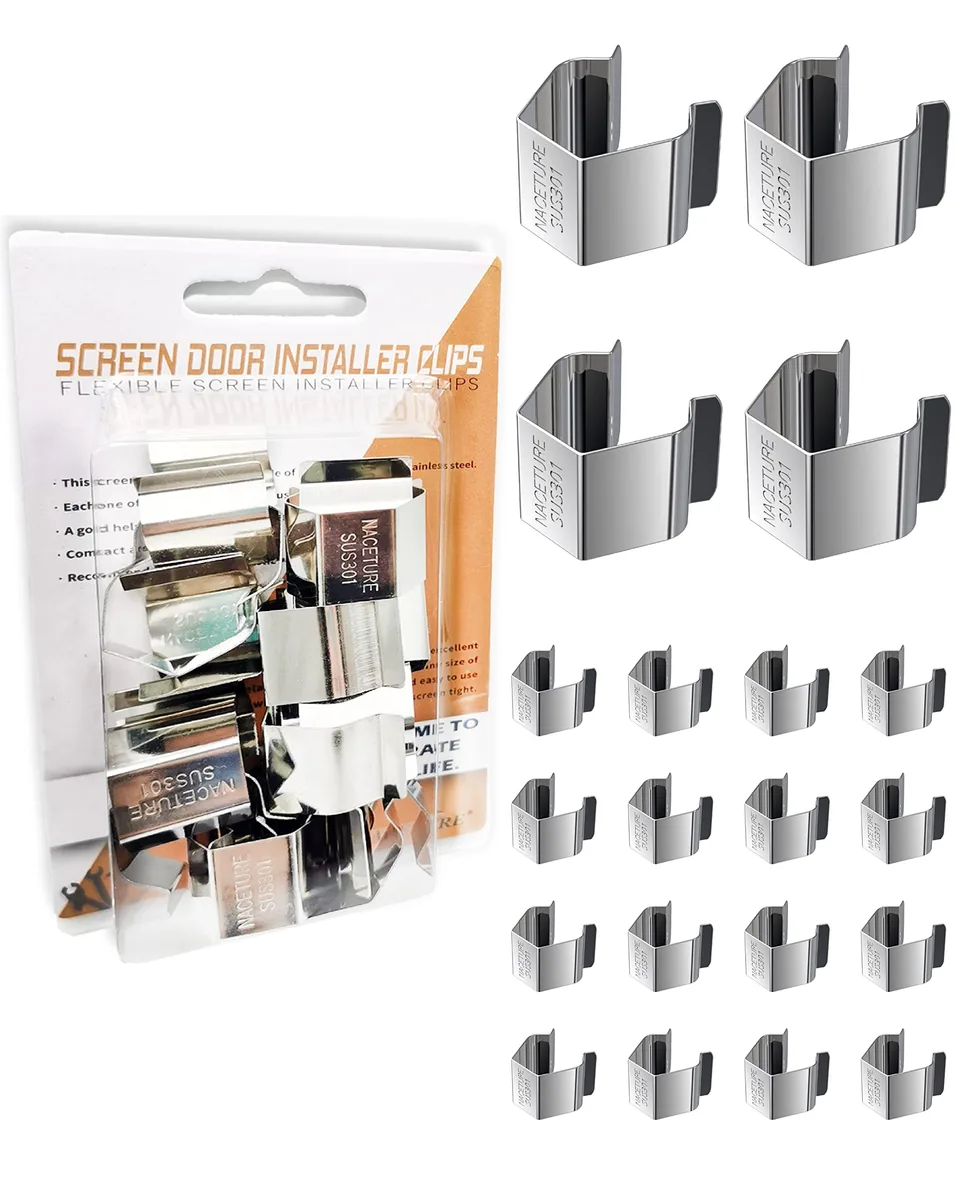 Twenty stainless steel 301 screen retainer clips with rounded corners